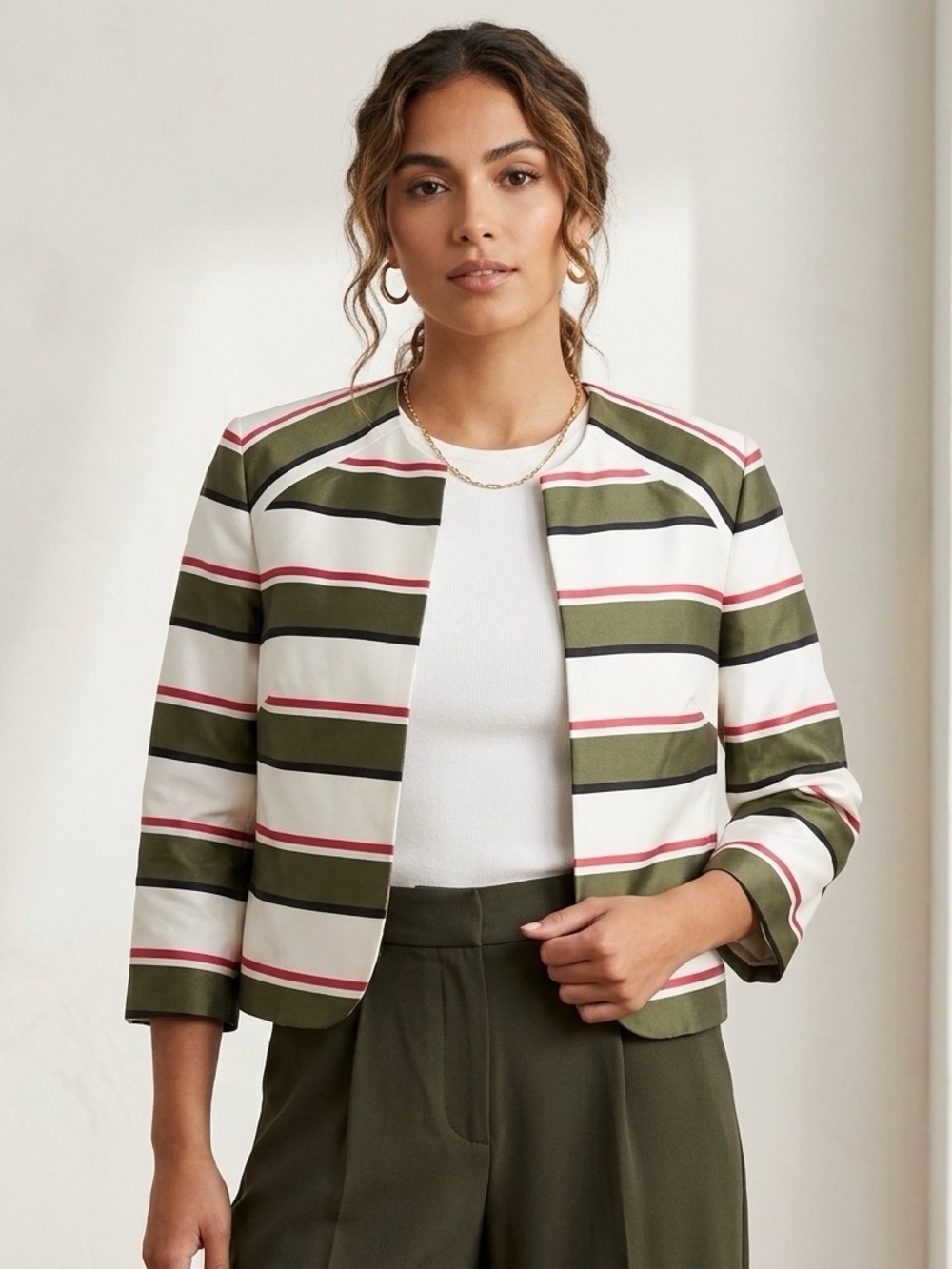 Nine West Olive, White & Pink Striped Cropped Blazer